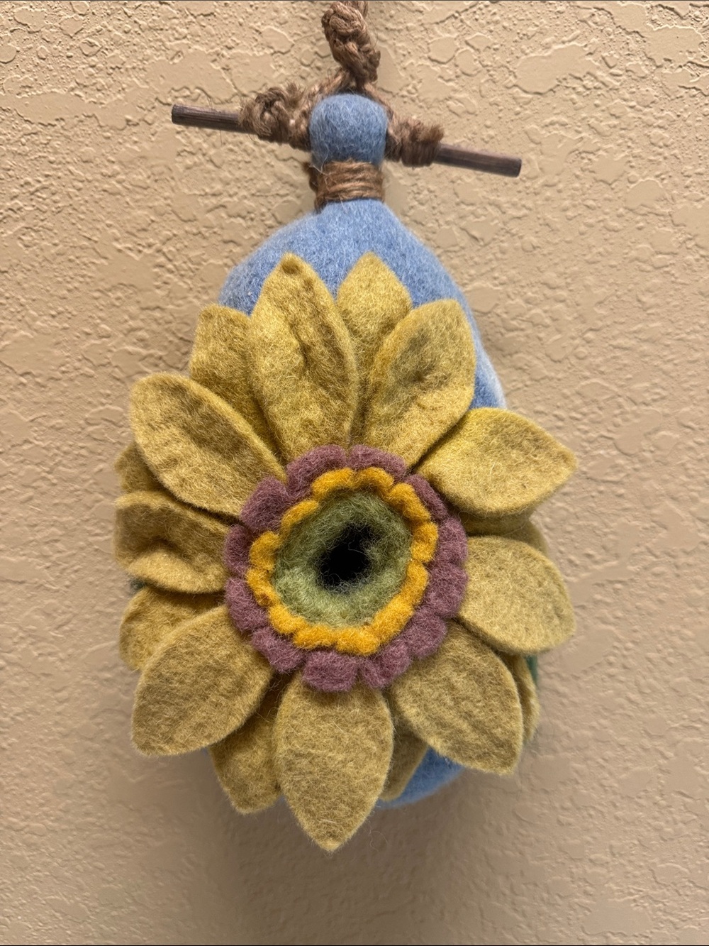 DZI wild woolies handmade 100% wool Flower Hanging birdhouse- Yellow & Blue
